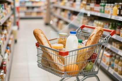 A grocery cart filled with baguettes, pasta, milk, jars, and an orange is in a supermarket aisle with shelves of jars and bottles.