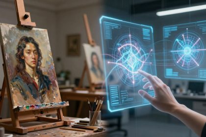 A painting of a woman on an easel in an art studio is juxtaposed with a hand interacting with a digital holographic interface displaying complex data.