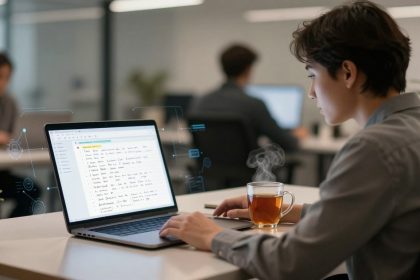 A person working on a laptop in an office, with digital graphics overlay. A steaming cup of tea is beside the laptop. Other people are blurred in the background.