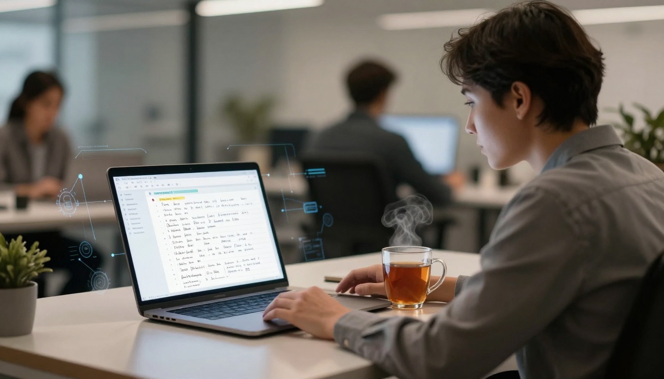 A person working on a laptop in an office, with digital graphics overlay. A steaming cup of tea is beside the laptop. Other people are blurred in the background.
