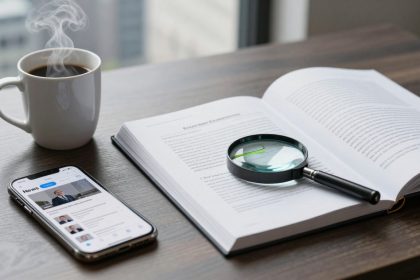 A steaming cup of coffee sits on a wooden table next to an open book with a magnifying glass on it. A smartphone displaying a news app is also on the table.