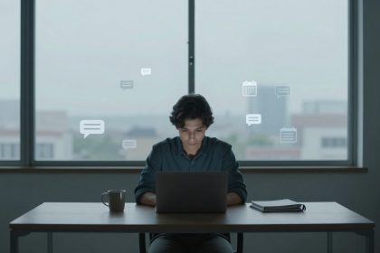 A person sits at a table using a laptop, with a mug and a notebook nearby. Speech bubbles and calendar icons float around, suggesting digital communication. A large window in the background shows an out-of-focus cityscape.