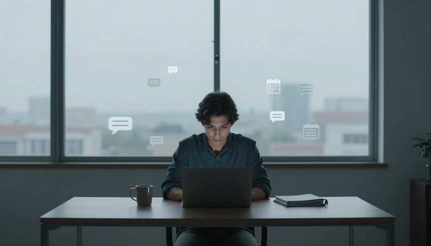 A person sits at a table using a laptop, with a mug and a notebook nearby. Speech bubbles and calendar icons float around, suggesting digital communication. A large window in the background shows an out-of-focus cityscape.