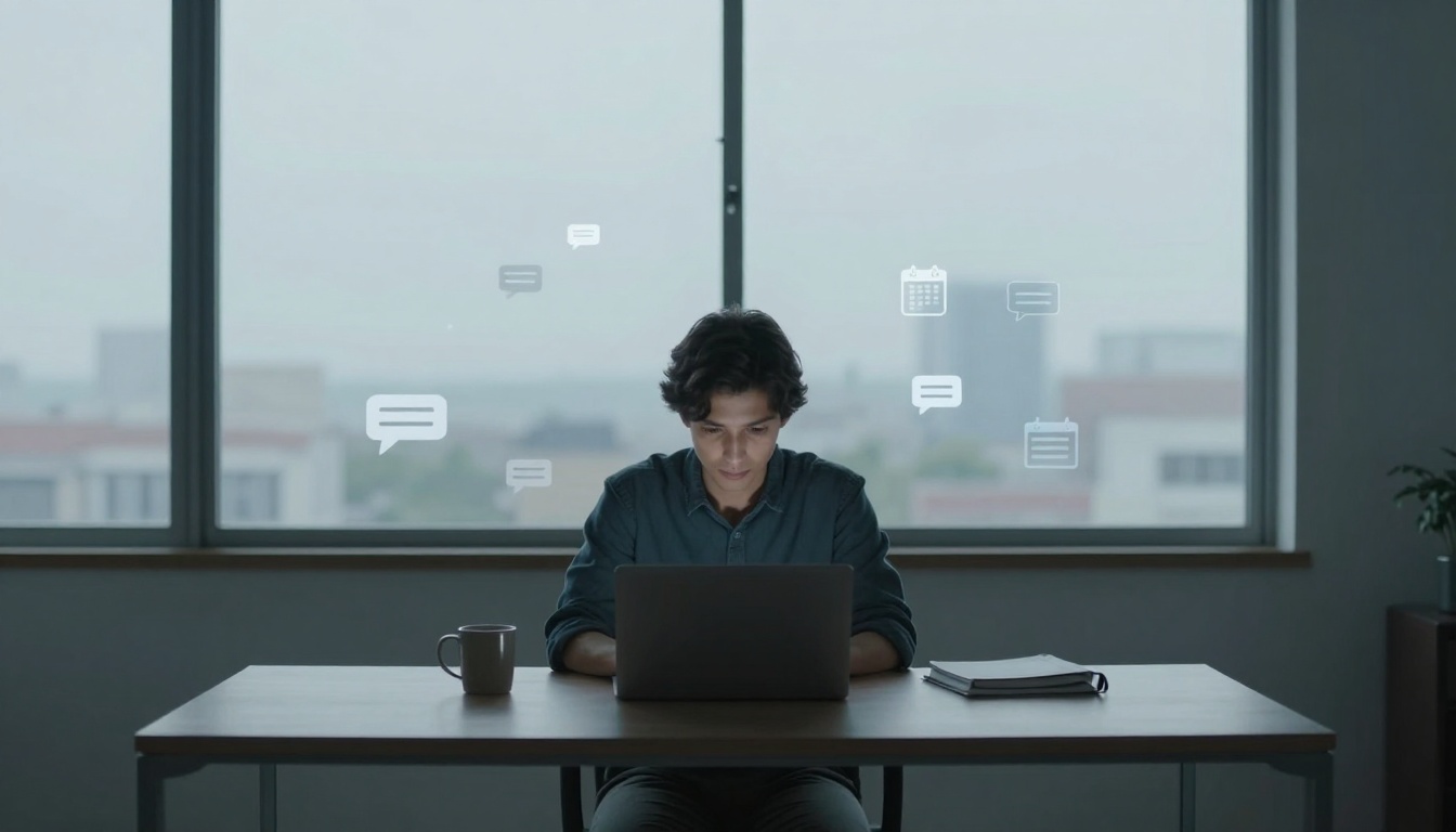 A person sits at a table using a laptop, with a mug and a notebook nearby. Speech bubbles and calendar icons float around, suggesting digital communication. A large window in the background shows an out-of-focus cityscape.