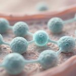 Close-up of interconnected turquoise spheres with textured surfaces, resembling molecules, on a pink, porous background.