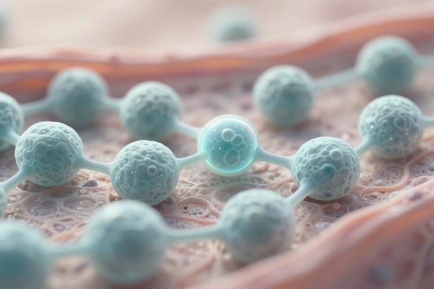 Close-up of interconnected turquoise spheres with textured surfaces, resembling molecules, on a pink, porous background.
