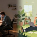 The image is split into two halves. On the left, a person in a dimly lit office works on multiple monitors, appearing stressed. On the right, an illustrated scene shows a person relaxing with a laptop, surrounded by plants, sipping a drink in a bright, sunny room.