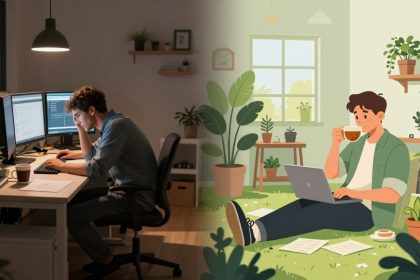 The image is split into two halves. On the left, a person in a dimly lit office works on multiple monitors, appearing stressed. On the right, an illustrated scene shows a person relaxing with a laptop, surrounded by plants, sipping a drink in a bright, sunny room.