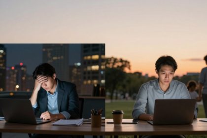 Split image of a man working on a laptop. Left: Indoors at night, looking stressed with hand on forehead. Right: Outdoors at sunset, focused, with coffee cups nearby.
