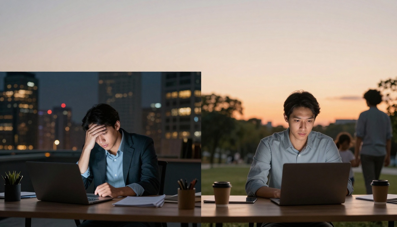 Split image of a man working on a laptop. Left: Indoors at night, looking stressed with hand on forehead. Right: Outdoors at sunset, focused, with coffee cups nearby.