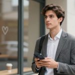 A man in a gray blazer and white shirt holds a smartphone, standing outside a cafe with a heart on the window. A coffee cup is on a table inside.