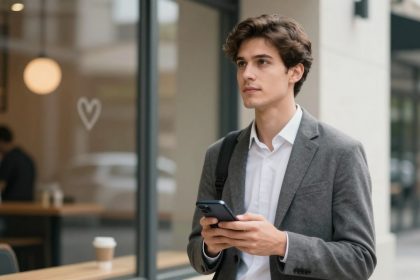 A man in a gray blazer and white shirt holds a smartphone, standing outside a cafe with a heart on the window. A coffee cup is on a table inside.