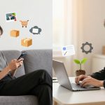 A woman on a gray couch uses a smartphone, with icons of a shopping cart, packages, and email above her. A man at a desk types on a laptop, with icons of a document, gear, and plant above him.