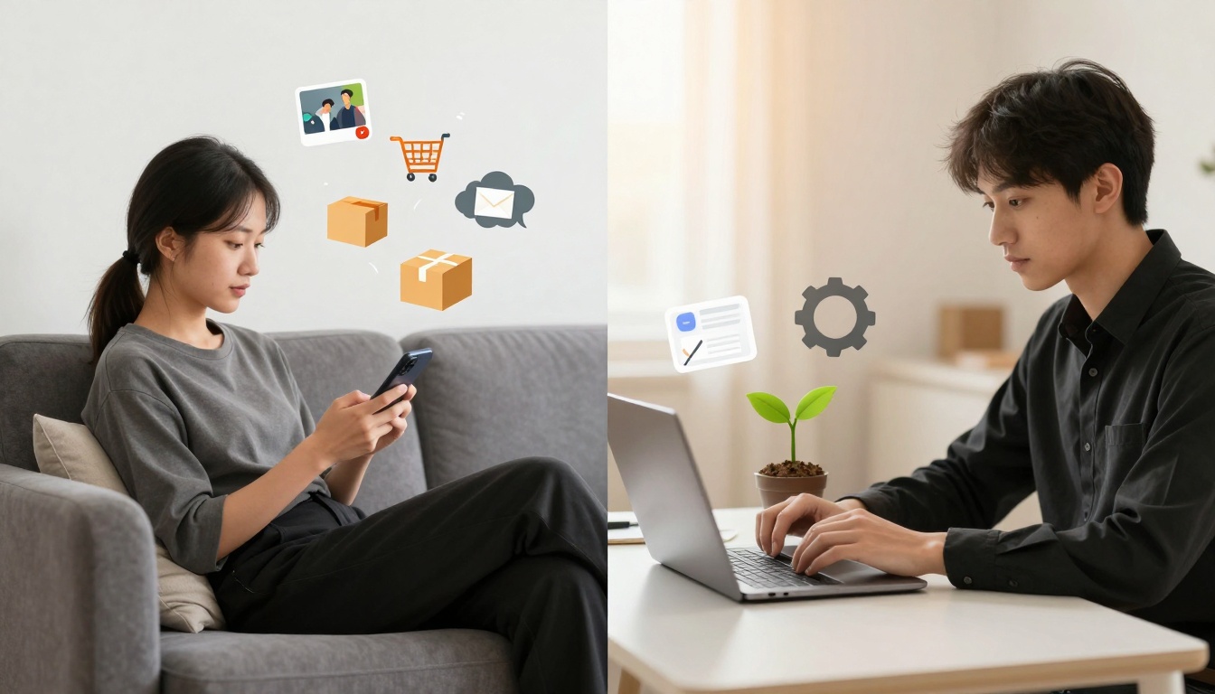 A woman on a gray couch uses a smartphone, with icons of a shopping cart, packages, and email above her. A man at a desk types on a laptop, with icons of a document, gear, and plant above him.