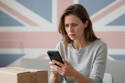 A woman in a grey sweater looks intently at her smartphone. A cardboard box is in the foreground. A Union Jack flag is in the background.