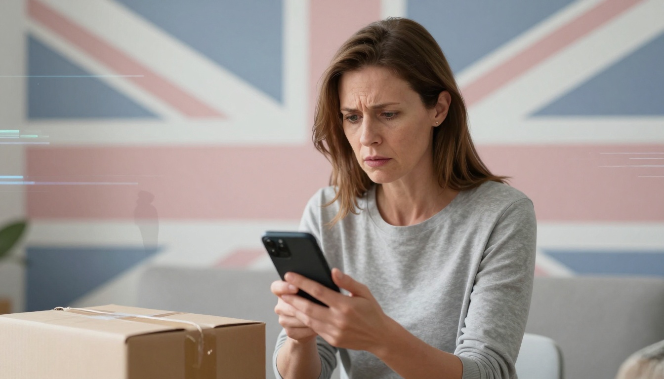 A woman in a grey sweater looks intently at her smartphone. A cardboard box is in the foreground. A Union Jack flag is in the background.