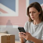 A woman with brown hair in a gray shirt looks concerned while holding a smartphone. A cardboard box is on the table. The background features a blurred Union Jack flag.