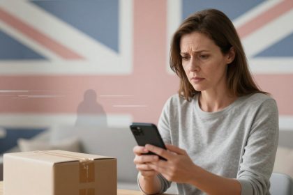 A woman with brown hair in a gray shirt looks concerned while holding a smartphone. A cardboard box is on the table. The background features a blurred Union Jack flag.