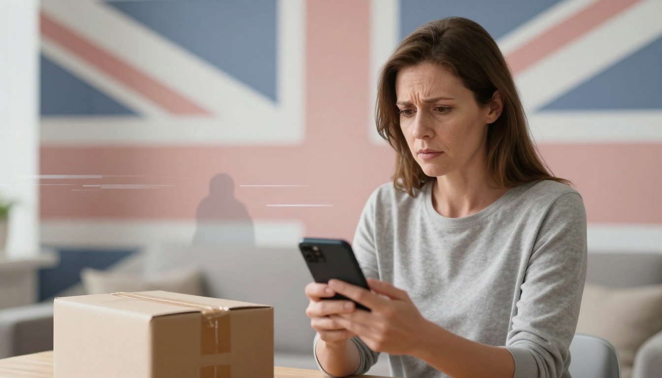 A woman with brown hair in a gray shirt looks concerned while holding a smartphone. A cardboard box is on the table. The background features a blurred Union Jack flag.