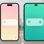 Two smartphones displayed against an urban background. The left phone shows a peach screen with icons; the right phone has a green screen with heart and shield icons.