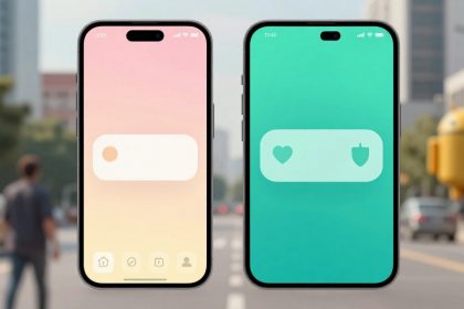 Two smartphones displayed against an urban background. The left phone shows a peach screen with icons; the right phone has a green screen with heart and shield icons.