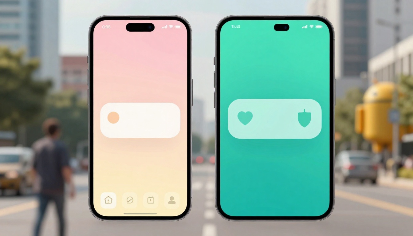 Two smartphones displayed against an urban background. The left phone shows a peach screen with icons; the right phone has a green screen with heart and shield icons.