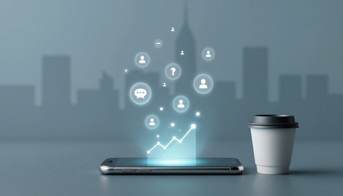 A smartphone lies on a surface with holographic icons, including people, a chat bubble, and a question mark, hovering above. A paper coffee cup is beside the phone. The background shows a blurred city skyline.