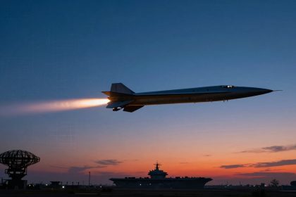 A missile with a bright exhaust trail flies above a silhouetted aircraft carrier and radar dome at sunset, against a twilight sky.