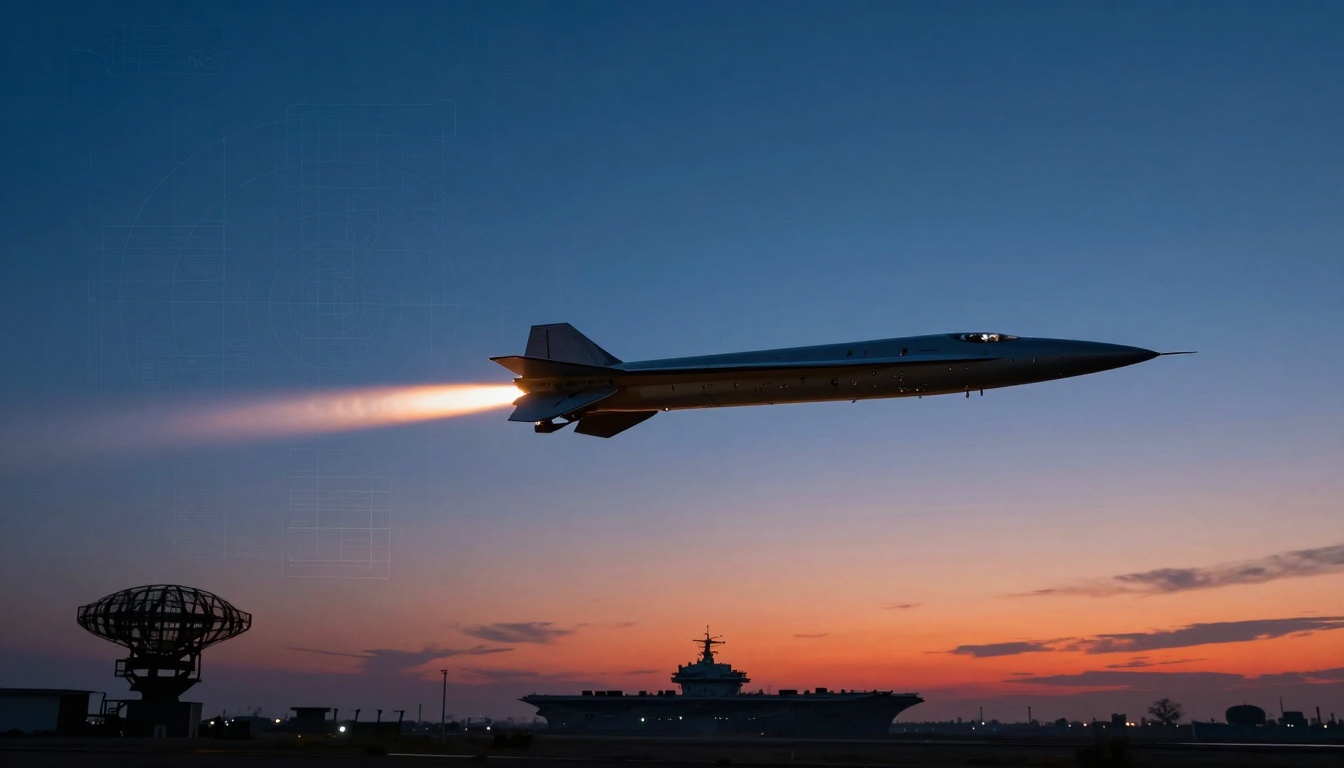 A missile with a bright exhaust trail flies above a silhouetted aircraft carrier and radar dome at sunset, against a twilight sky.