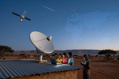 A group of children are gathered around a laptop on a corrugated metal roof under a large satellite dish. A satellite is visible in the sky, with a faint world map overlay. One child is holding a phone. The setting is a desert landscape with trees and mountains in the background, under a twilight sky.