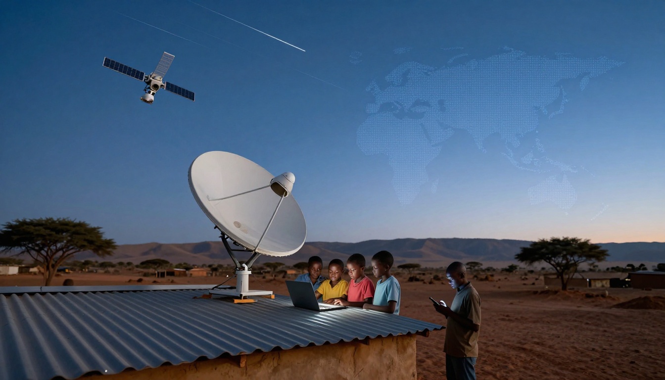 A group of children are gathered around a laptop on a corrugated metal roof under a large satellite dish. A satellite is visible in the sky, with a faint world map overlay. One child is holding a phone. The setting is a desert landscape with trees and mountains in the background, under a twilight sky.