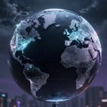 A digital globe displaying illuminated connections across continents, set against a dark cityscape with tall buildings and a stormy sky.