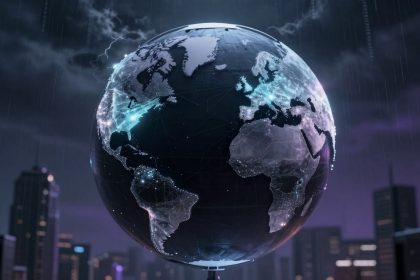 A digital globe displaying illuminated connections across continents, set against a dark cityscape with tall buildings and a stormy sky.