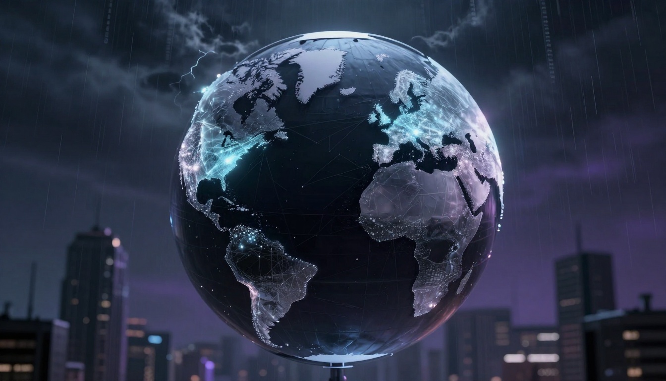 A digital globe displaying illuminated connections across continents, set against a dark cityscape with tall buildings and a stormy sky.