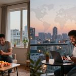On the left, a couple sits on a couch in a cozy living room, smiling at a smartphone. A table with fruit is in front of them. On the right, the same couple is on a balcony at sunset, looking at a phone and laptop, with a cityscape and world map overlay in the background.