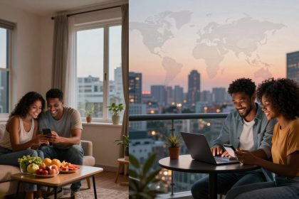 On the left, a couple sits on a couch in a cozy living room, smiling at a smartphone. A table with fruit is in front of them. On the right, the same couple is on a balcony at sunset, looking at a phone and laptop, with a cityscape and world map overlay in the background.