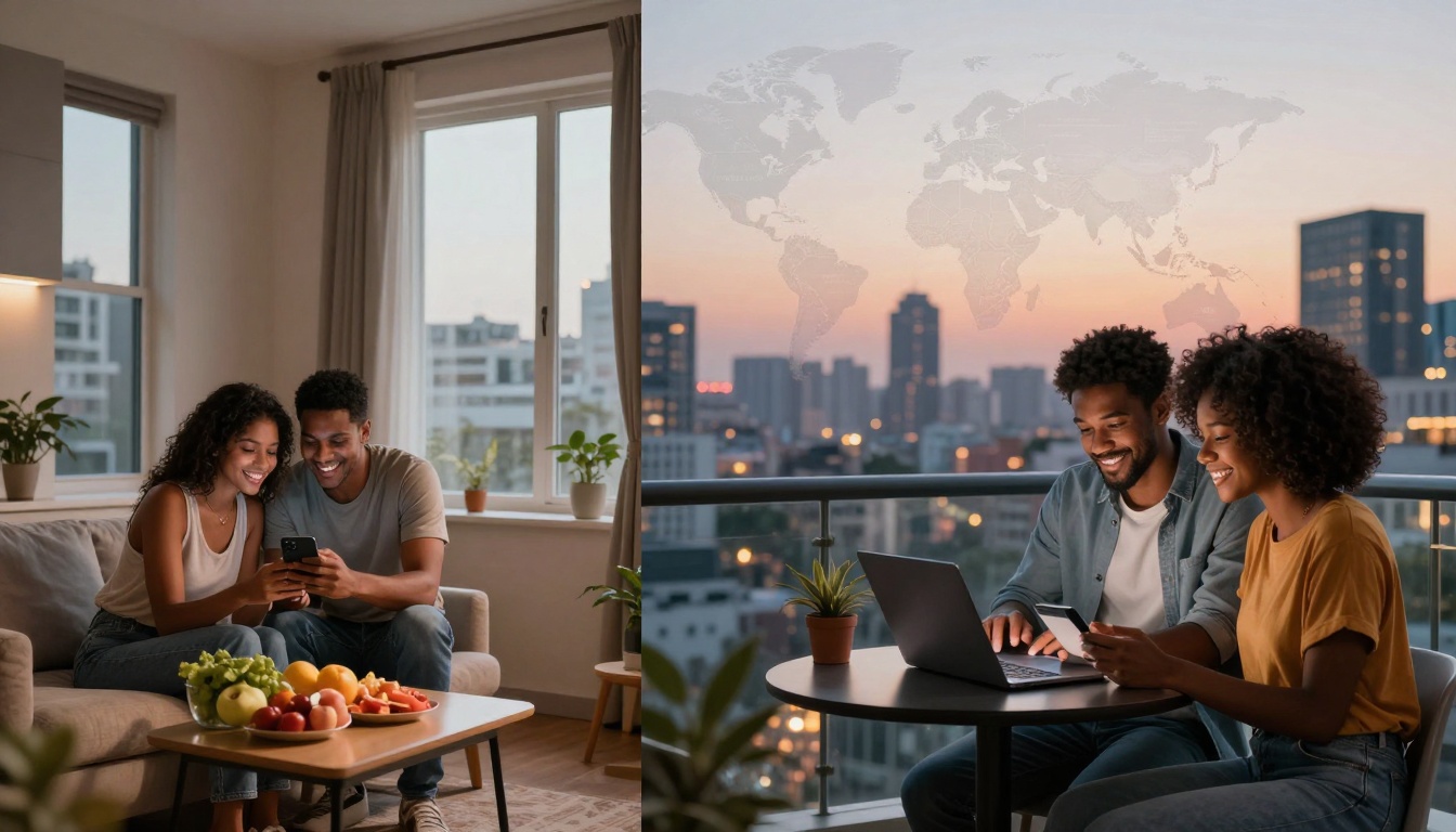 On the left, a couple sits on a couch in a cozy living room, smiling at a smartphone. A table with fruit is in front of them. On the right, the same couple is on a balcony at sunset, looking at a phone and laptop, with a cityscape and world map overlay in the background.