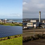 The image is split into two halves. The left side shows a coastal landscape with solar panels, wind turbines, and a harbor in the background under a clear blue sky. The right side depicts an industrial area with a large factory, a tall smokestack, and power lines under a cloudy sky.