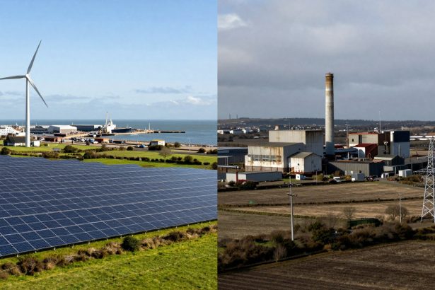 The image is split into two halves. The left side shows a coastal landscape with solar panels, wind turbines, and a harbor in the background under a clear blue sky. The right side depicts an industrial area with a large factory, a tall smokestack, and power lines under a cloudy sky.