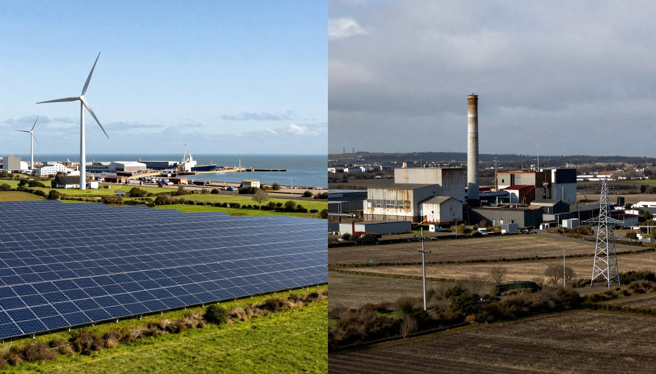 The image is split into two halves. The left side shows a coastal landscape with solar panels, wind turbines, and a harbor in the background under a clear blue sky. The right side depicts an industrial area with a large factory, a tall smokestack, and power lines under a cloudy sky.