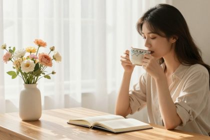 A woman in a beige shirt sips from a patterned mug at a wooden table. An open book lies in front of her, and a vase of colorful flowers is nearby. Bright curtains filter sunlight in the background.