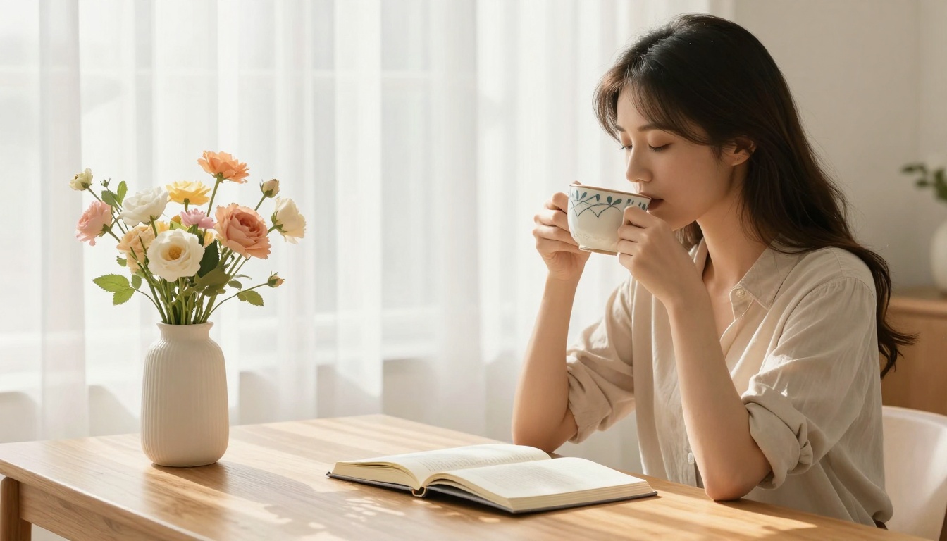 A woman in a beige shirt sips from a patterned mug at a wooden table. An open book lies in front of her, and a vase of colorful flowers is nearby. Bright curtains filter sunlight in the background.