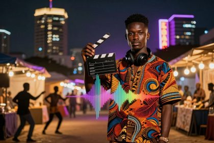 A person stands holding a clapperboard, wearing colorful patterned clothing and headphones. Night market scene with lit stalls and blurred city buildings in the background. A visual soundwave effect is overlaid on the image.