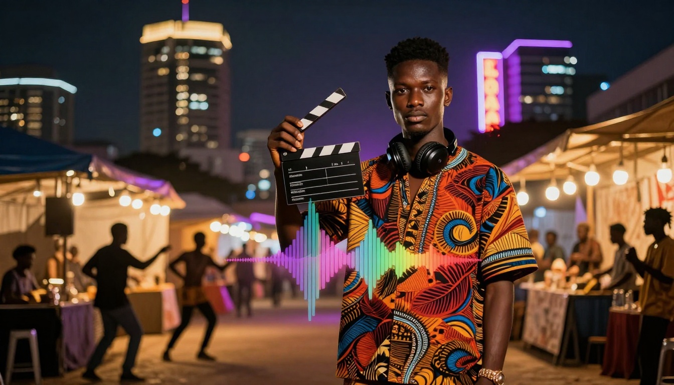 A person stands holding a clapperboard, wearing colorful patterned clothing and headphones. Night market scene with lit stalls and blurred city buildings in the background. A visual soundwave effect is overlaid on the image.