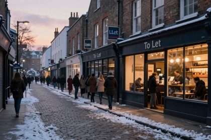 Cobblestone street at dusk with snow on the ground, people walking, and a lit café visible through windows. Signs read "To Let."
