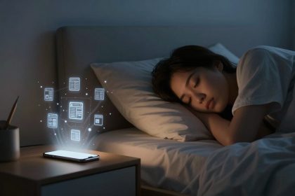A woman sleeps in bed, wearing a white shirt. A smartphone on a nightstand emits glowing digital icons. The room is dimly lit.
