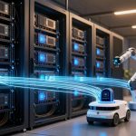 A robotic arm interacts with server racks emitting blue light trails, indicating data transfer. A small white robot and a control panel are nearby in a modern data center.