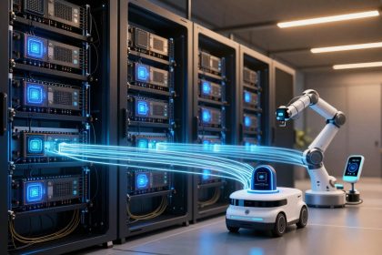 A robotic arm interacts with server racks emitting blue light trails, indicating data transfer. A small white robot and a control panel are nearby in a modern data center.