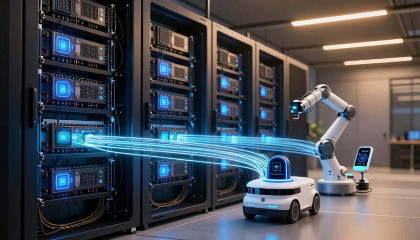 A robotic arm interacts with server racks emitting blue light trails, indicating data transfer. A small white robot and a control panel are nearby in a modern data center.