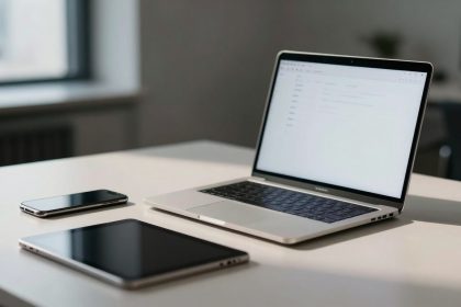 A laptop with an open screen displaying a blank email interface sits on a white desk. Nearby are a smartphone and a tablet, both with dark screens. There's a blurred background with a window and a plant.